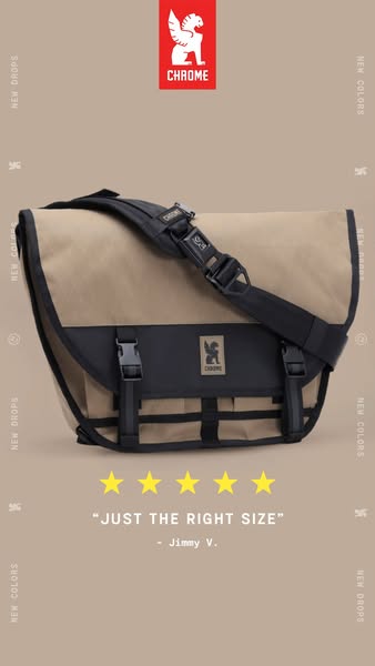 This image ad showcases a Chrome messenger bag against a beige background, incorporating customer testimonials and visua
