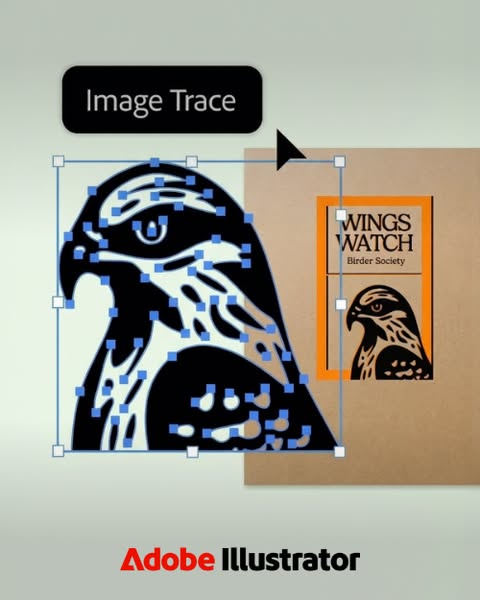 This ad demonstrates the image trace functionality of Adobe Illustrator using an image of a bird as an example.