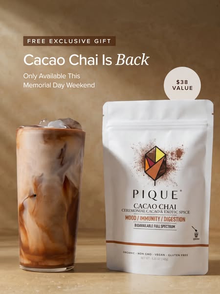 This image ad promotes Pique's Cacao Chai, highlighting its availability for a limited time during Memorial Day week