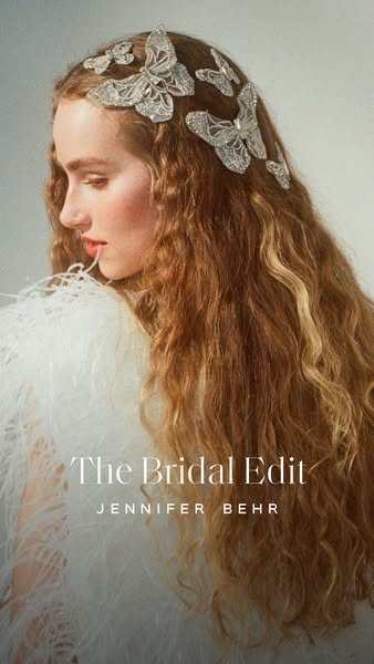 A close-up studio shot of a fair-skinned woman with wavy hair and butterfly-themed hair accessories. The ad appears to b