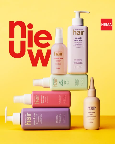 This image ad for HEMA Professional Haircare products uses bright color-blocking and a product stack to highlight a rang