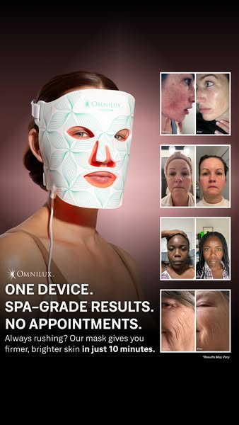 This ad promotes the Omnilux LED face mask as a spa-grade treatment that can be done at home in just 10 minutes. The ad 