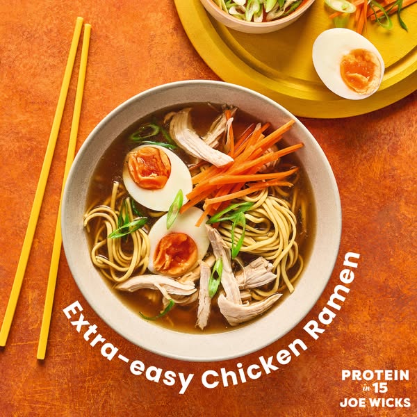 This ad features a bowl of Joe Wicks' Extra-easy Chicken Ramen. The ad promotes the dish's ease of preparation a
