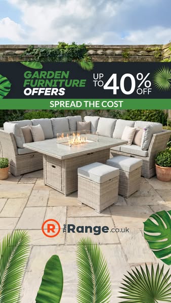 This ad showcases a stylish outdoor furniture set available at The Range, featuring a discount of up to 40% off and the 