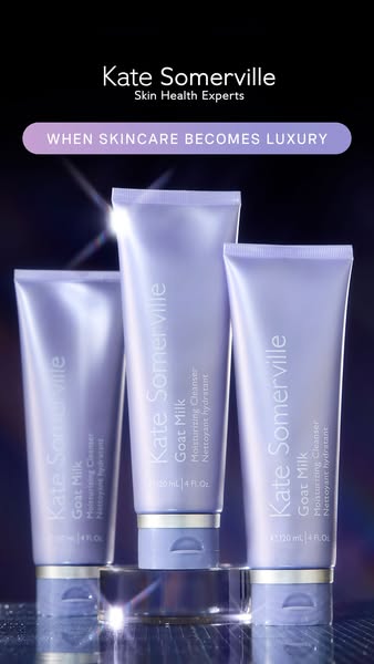 This ad showcases Kate Somerville's Goat Milk Moisturizing Cleanser, emphasizing its luxurious quality and hydrating