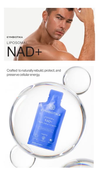 The ad highlights Cymbiotika's Liposomal NAD+ supplement, focusing on cellular energy, healthy aging, and longevity,