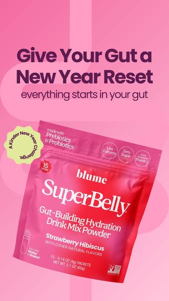 This ad promotes Blume's SuperBelly Gut-Building Hydration Drink Mix Powder. The ad highlights the product's ben