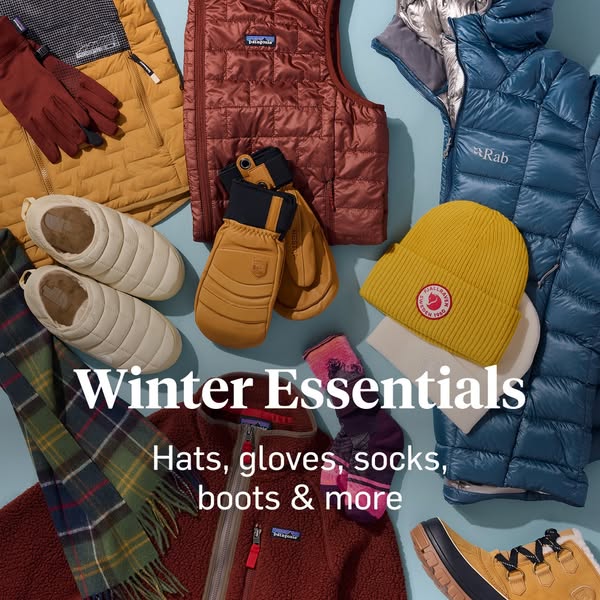 This ad features a collection of winter clothing and accessories, including hats, gloves, socks, and boots, laid out on 