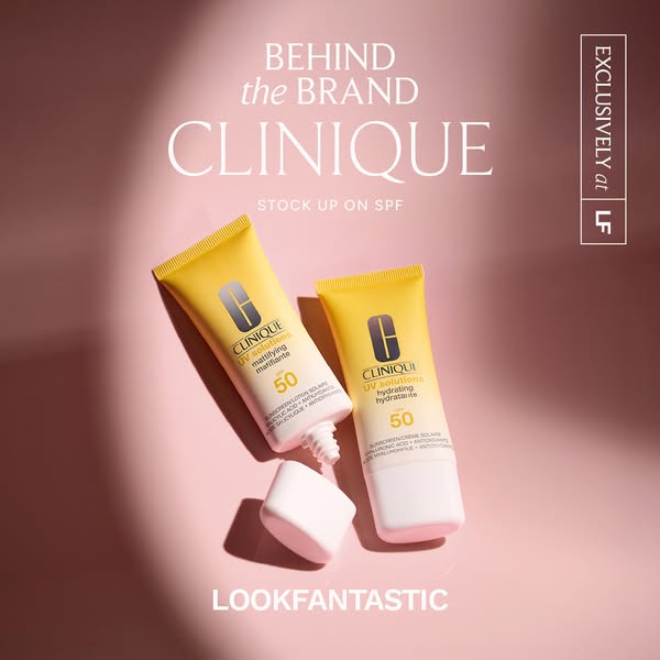 This image ad promotes Clinique's UV solutions SPF. Two different versions of the product are shown, positioned at a