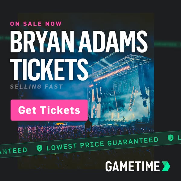 This image ad promotes Bryan Adams tickets for sale through GameTime, highlighting their low price guarantee.
