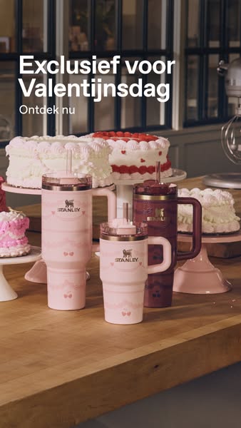 This ad showcases Stanley products for Valentine's Day. The ad features a variety of Stanley cups in pink and maroon