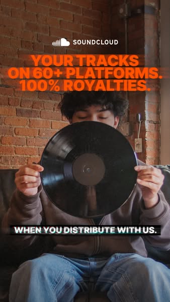 This ad for SoundCloud promotes the ability to distribute your tracks on 60+ platforms and keep 100% of your royalties.