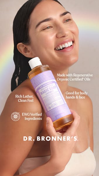 This ad features a woman holding Dr. Bronner's Magic Soap and highlights its organic ingredients and suitability for