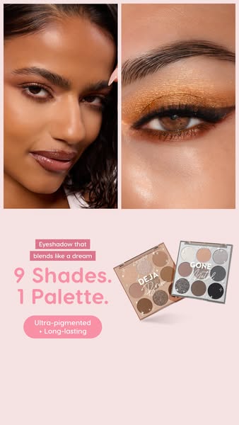 This ad showcases two eyeshadow palettes, highlighting their blendability, pigmentation, and long-lasting wear. It empha