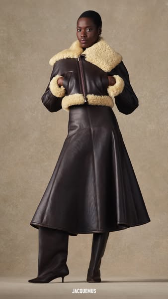 This ad features a woman modeling a brown leather jacket with a cream-colored fur collar, a matching brown leather skirt