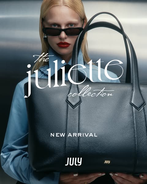 This ad showcases the new arrival of the Juliette Collection from the brand July. The ad features a model holding a Juli