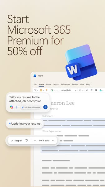 The ad promotes Microsoft 365 Premium by showing a 50% discount. It features a resume being edited within Microsoft Word