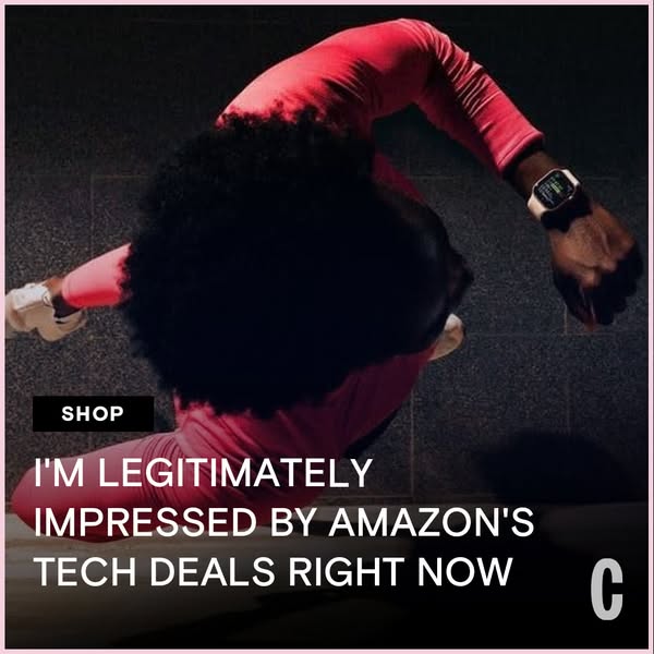This ad uses an image of a person in athletic gear with a testimonial about Amazon's tech deals. The ad is designed 