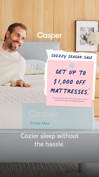 This image ad promotes the Casper brand and the Casper Snow Max mattress with a sale. It encourages viewers to buy a mat