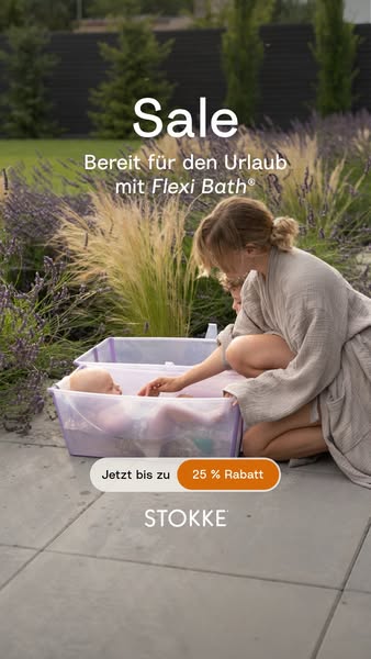 This ad promotes the Stokke Flexi Bath and highlights its portability for vacation use. It features a sale offering up t