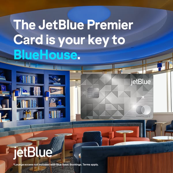 This ad for the JetBlue Premier Card is set in a BlueHouse lounge, positioning the card as the key to exclusive access a