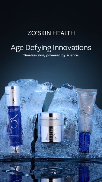 This ad showcases ZO Skin Health products, emphasizing their age-defying innovations and scientific backing. The product