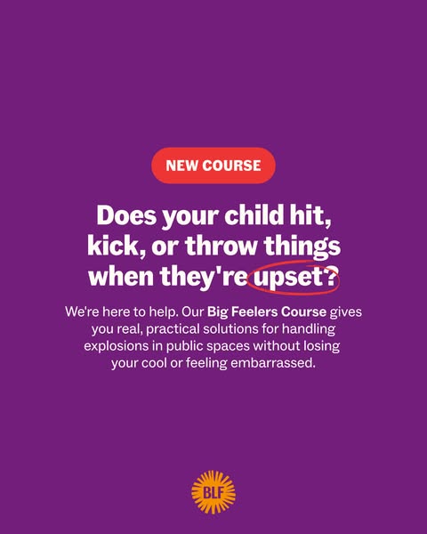 This ad is for the Big Feelers Course. It addresses the problem of children who hit, kick, or throw things when they are
