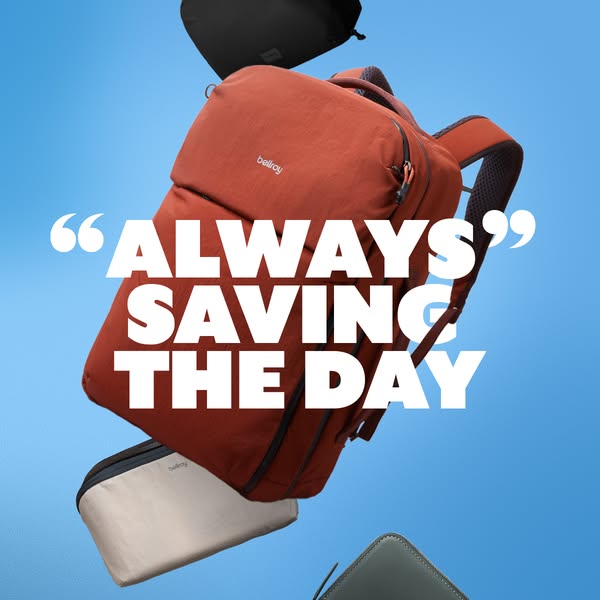This ad features a collection of Bellroy products, including a backpack, pouch, and wallet, against a blue background. T