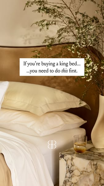 This ad shows a neatly made bed and suggests the viewer should do something before buying a king bed. The bedsheets are 
