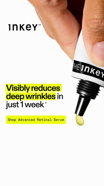 This ad for The Inkey List promotes their Advanced Retinal Serum, highlighting its ability to visibly reduce deep wrinkl
