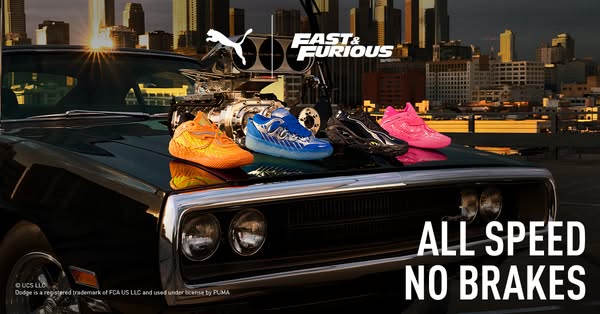 This ad showcases the PUMA sneaker collaboration with Fast & Furious, highlighting the shoes' design and connect