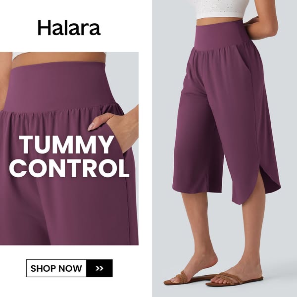 This is an ad for Halara's tummy control pants. The ad has an image of a model wearing the brand's tummy control