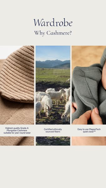 This ad showcases the features of Wardrobe's cashmere products, highlighting the quality of the materials and the et