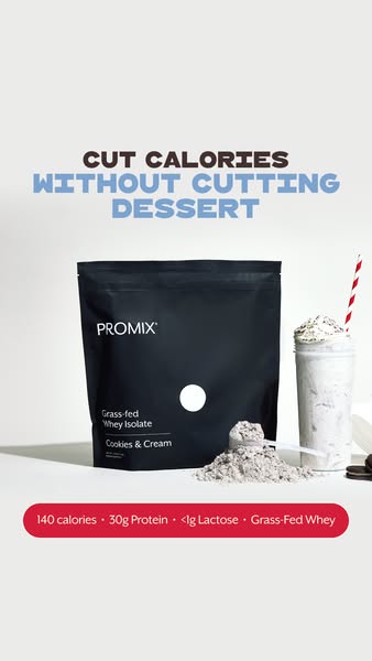 This image ad promotes Promix's grass-fed whey isolate protein powder in Cookies & Cream flavor. It emphasizes t