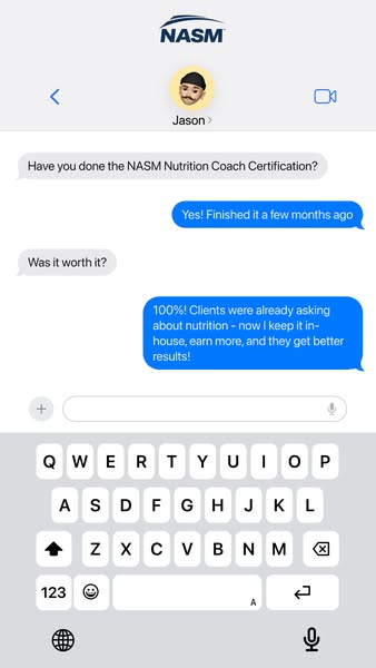 This ad shows a text message conversation where someone confirms that they completed the NASM Nutrition Coach Certificat