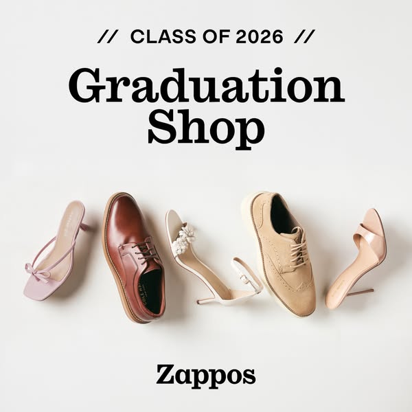 A Zappos ad promoting its graduation shop, featuring various styles of dress shoes.