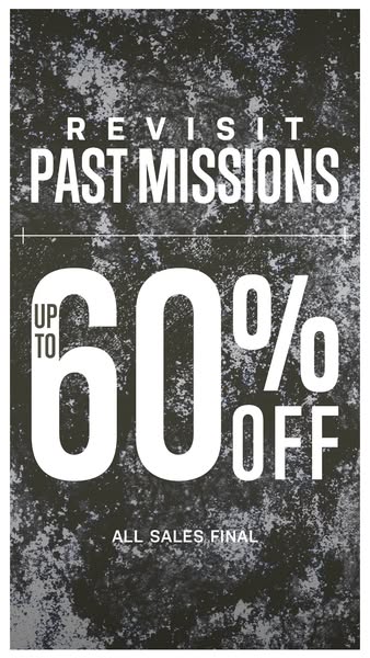 This static image ad promotes a sale event, offering up to 60% off on what it calls 'past missions.' The creativ