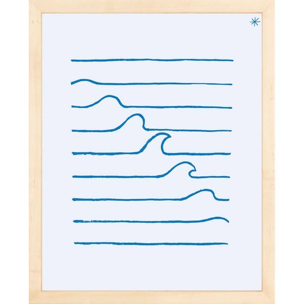 This ad features an image of a framed print with a blue wave design on a white background.