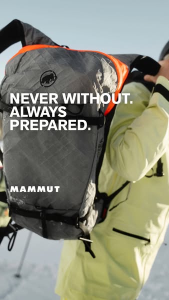 This ad showcases a Mammut backpack with the tagline "NEVER WITHOUT. ALWAYS PREPARED."