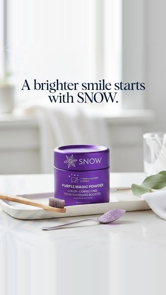 This ad promotes Snow's Purple Magic Powder, a teeth-whitening booster. It features a close-up shot of the product a
