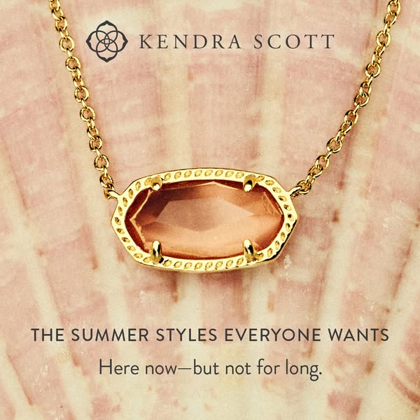 A close-up shot of a Kendra Scott necklace against a shell background emphasizes the necklace's design and promotes
