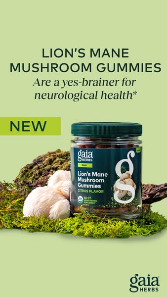 This ad promotes Gaia Herbs Lion's Mane Mushroom Gummies as a 'yes-brainer' for neurological health. The ima