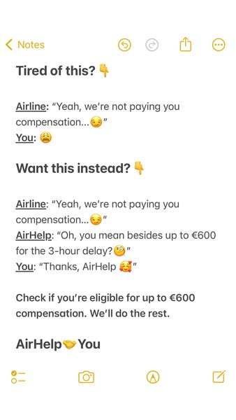 This ad uses a screenshot of a note to show the difference between dealing with an airline directly for compensation ver