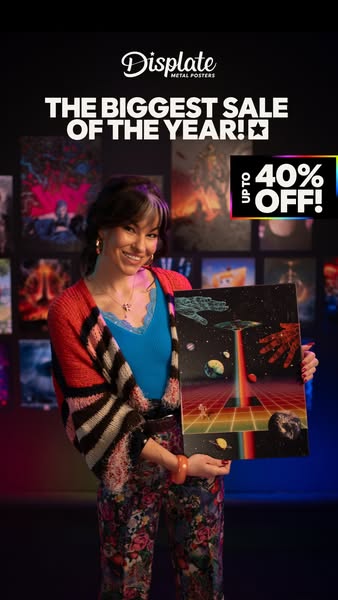 This Displate ad features a woman showcasing a metal poster with a retro sci-fi design against a backdrop of additional 