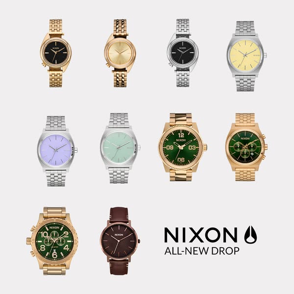 A static image showcasing an 'all-new drop' of watches from Nixon, displaying various styles and colors.