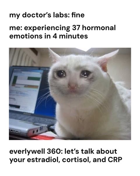 This image ad uses a meme format to humorously highlight the emotional rollercoaster that can come with hormonal imbalan
