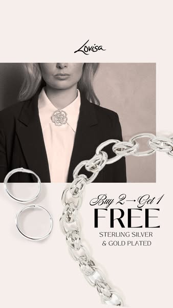 This Lovisa ad features a woman wearing a blazer and a rose pin. The ad promotes a buy 2 get 1 free offer on sterling si