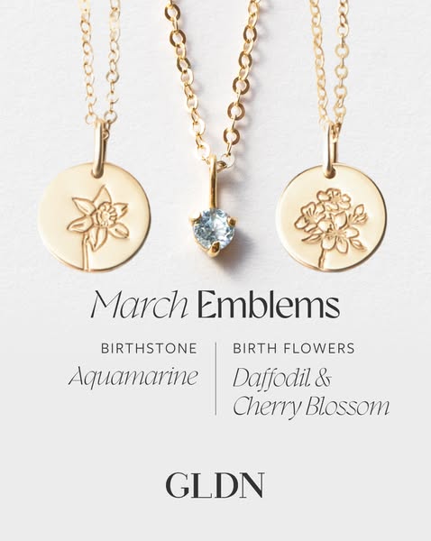 The ad showcases three gold necklaces, each representing different aspects of March. Two necklaces feature gold circle p