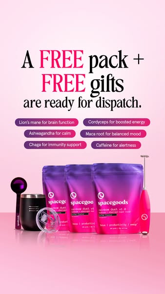 This ad promotes a free pack and free gifts from Spacegoods, highlighting the benefits of their rainbow dust product lin