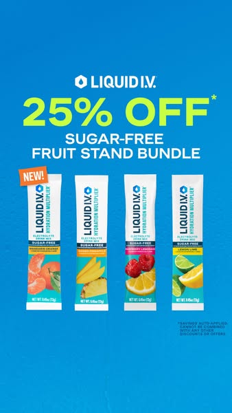 This image ad for Liquid I.V. promotes their sugar-free fruit stand bundle with a 25% off offer. The ad is set against a